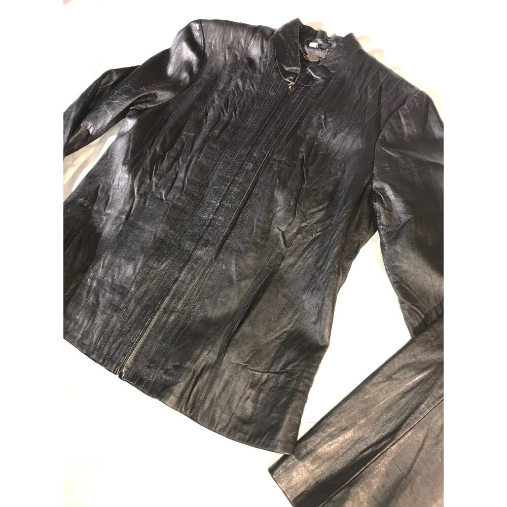 XCVI Women's Black Leather Multi-Seamed Full Zip Jacket